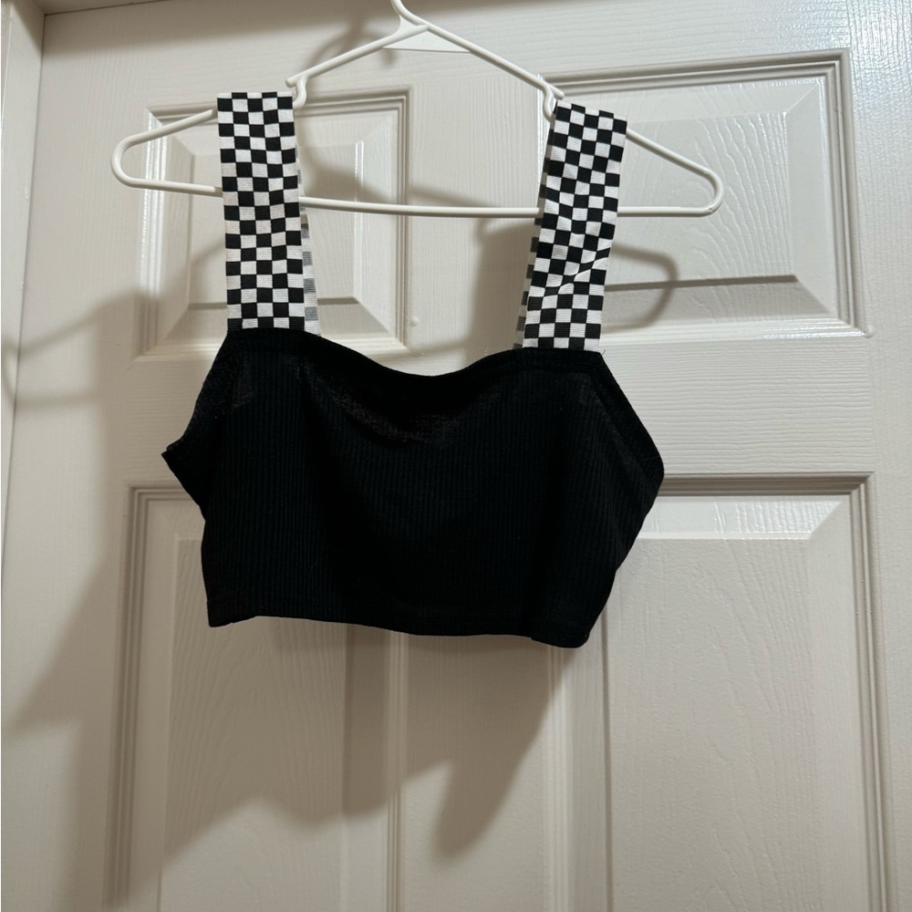 Boohoo Black Crop Top with Checkered Straps